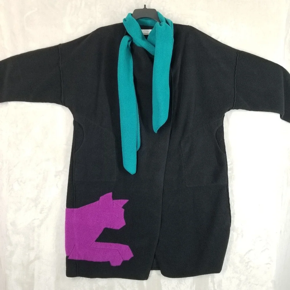 Vtg‎ Maralyce Ferree Jacket Women Black Fleece Cats Scarf Fiber Art Eclectic USA